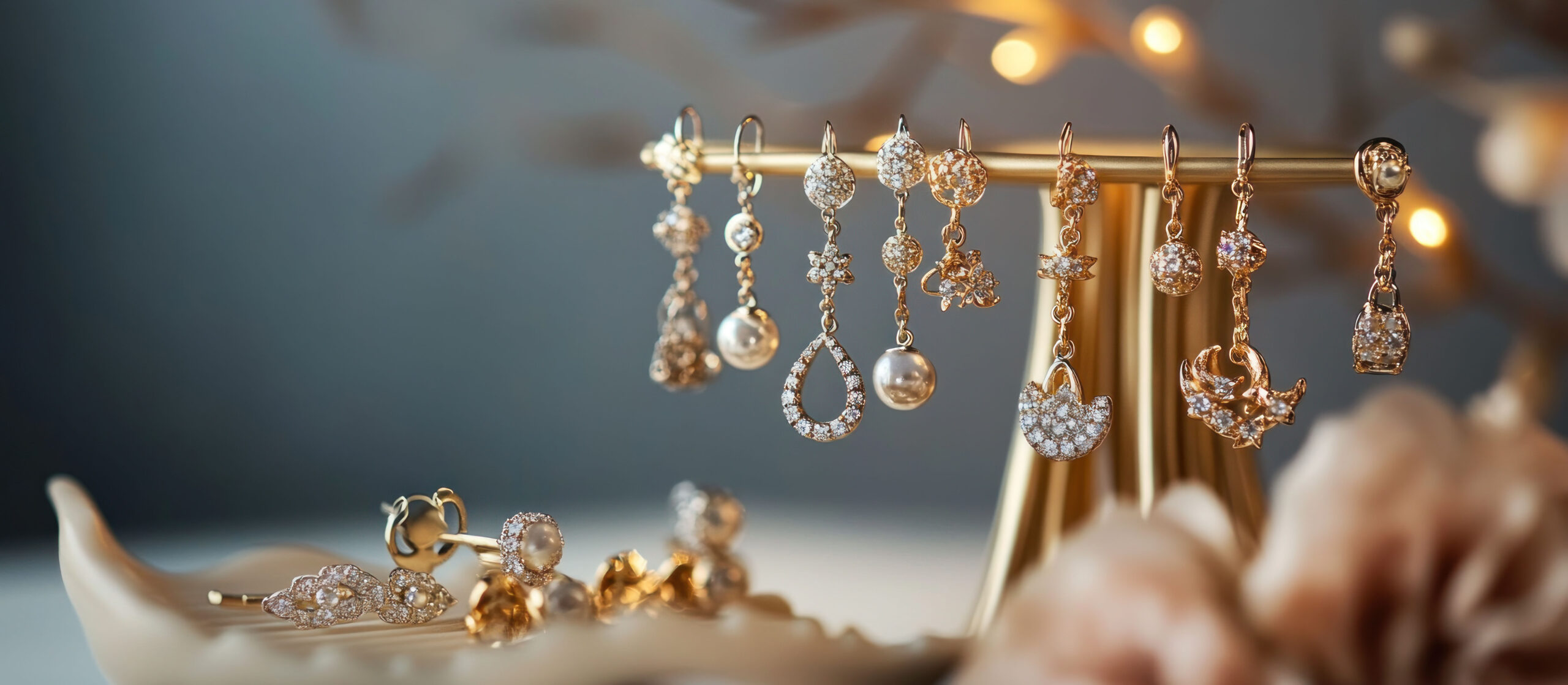 Elegant gold earrings with pearls and crystals displayed on a stand.